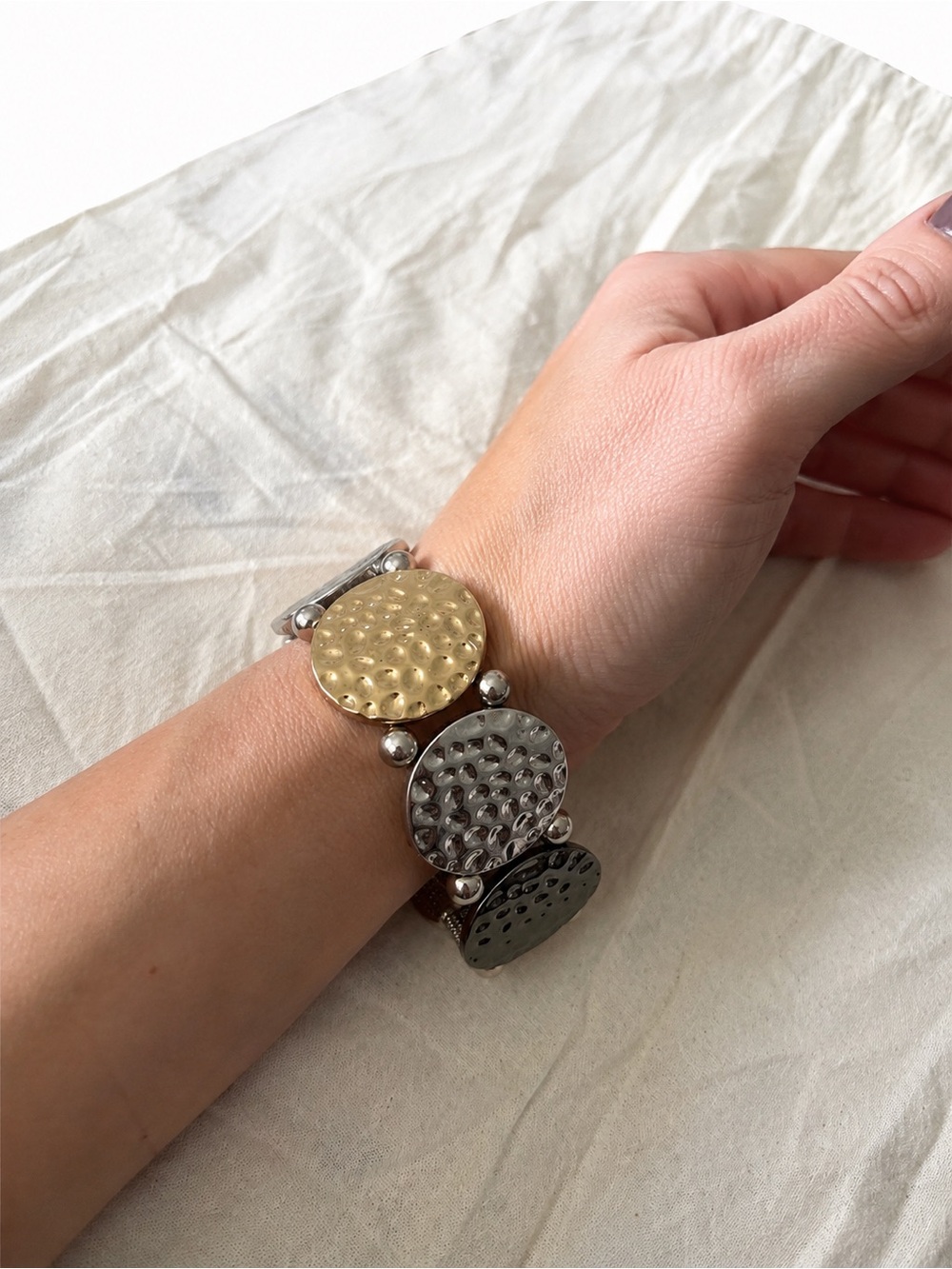Hammered Mixed Metal Stretch Bracelet Silver Gold Gunmetal Statement Cuff